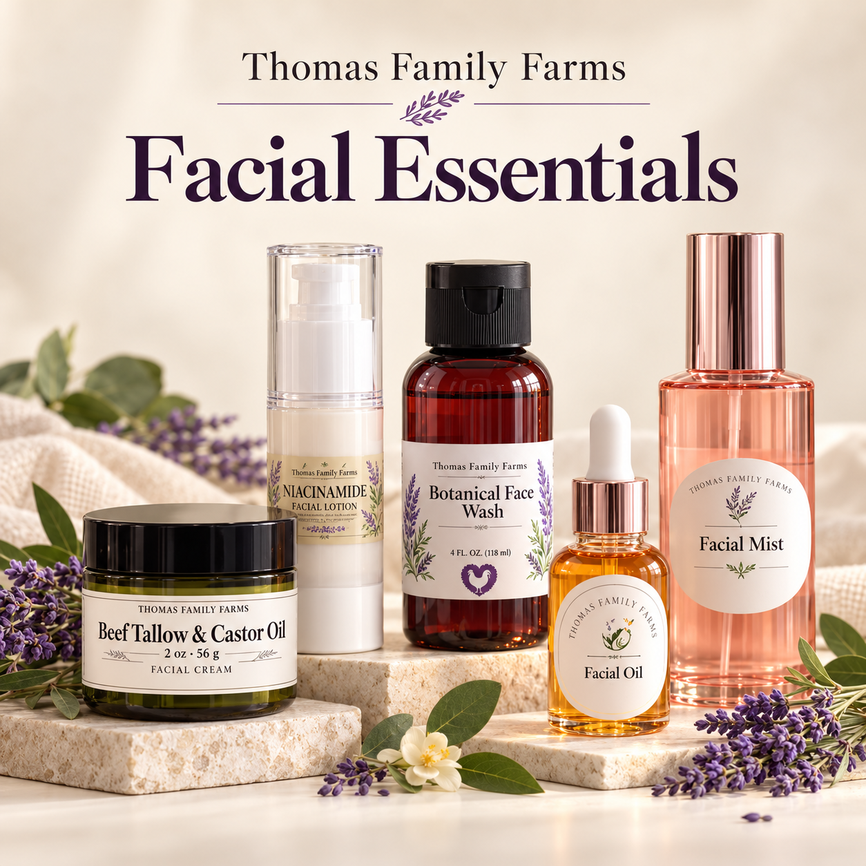 Thomas Family Farms Facial Essentials collection with cream, lotion, face wash, face oil and facial mist