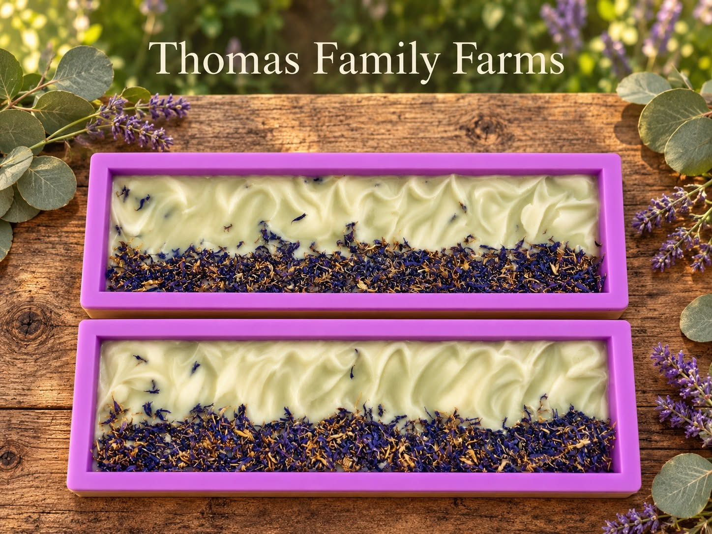 Thomas Family Farms handmade soaps in purple molds with botanical toppings