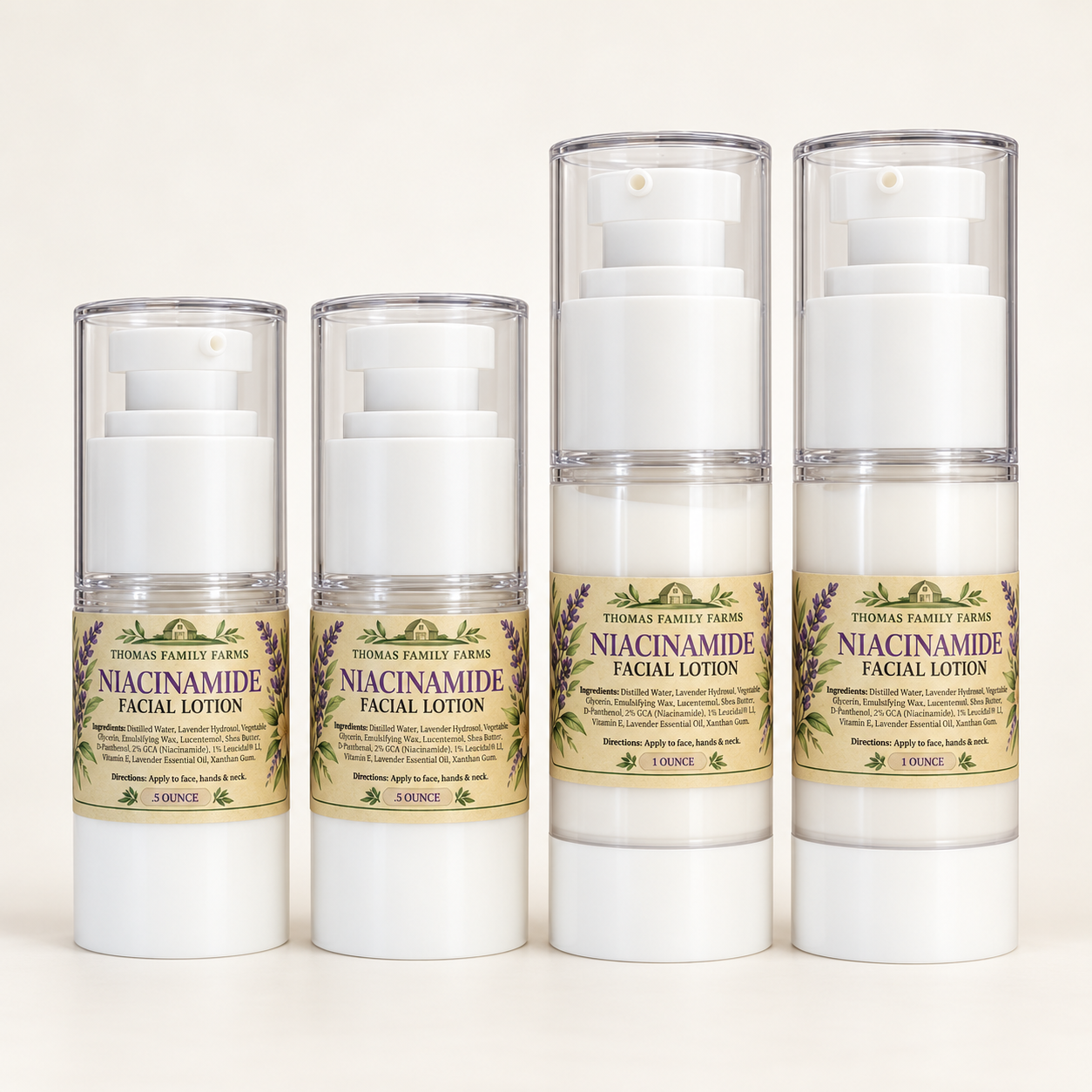 Thomas Family Farms Niacinamide Facial Lotion in half-ounce and one-ounce pump bottles