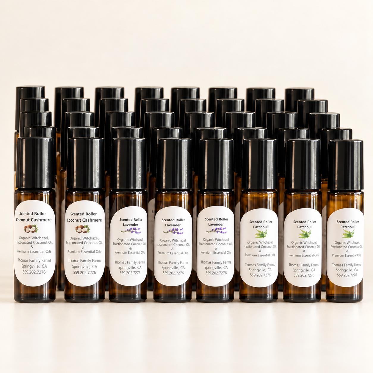 Thomas Family Farms perfume rollers in Coconut Cashmere, Lavender, and Patchouli